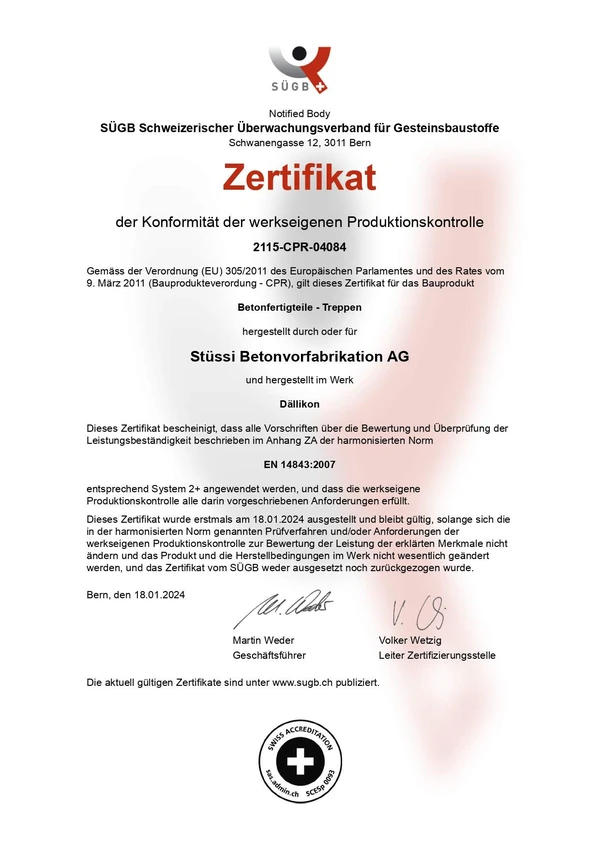 SÜGB-Zertifikat für Betonfertigteil-Treppen nach SN EN 14843