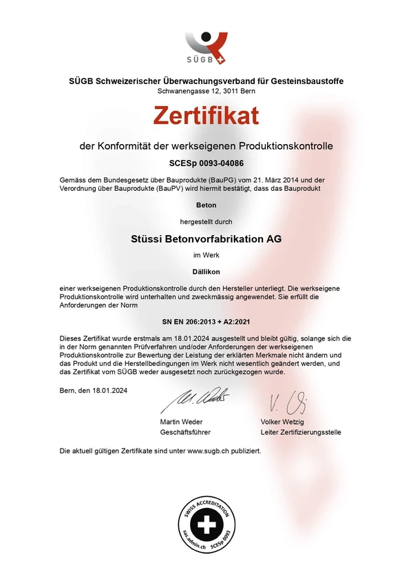 SÜGB-Zertifikat für Beton nach SN EN 206