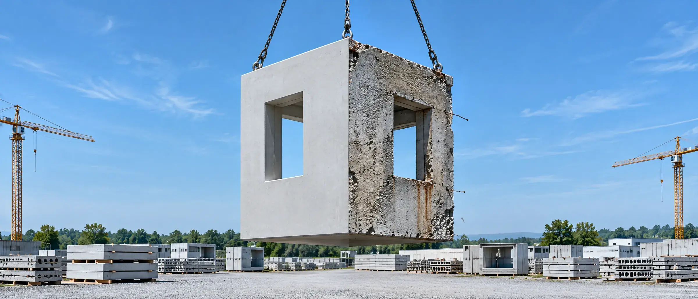 Vorfabriziertes Betonelement am Kran: links sauber ausgeführt, rechts mit Kiesnestern, Abplatzungen und Rostflecken