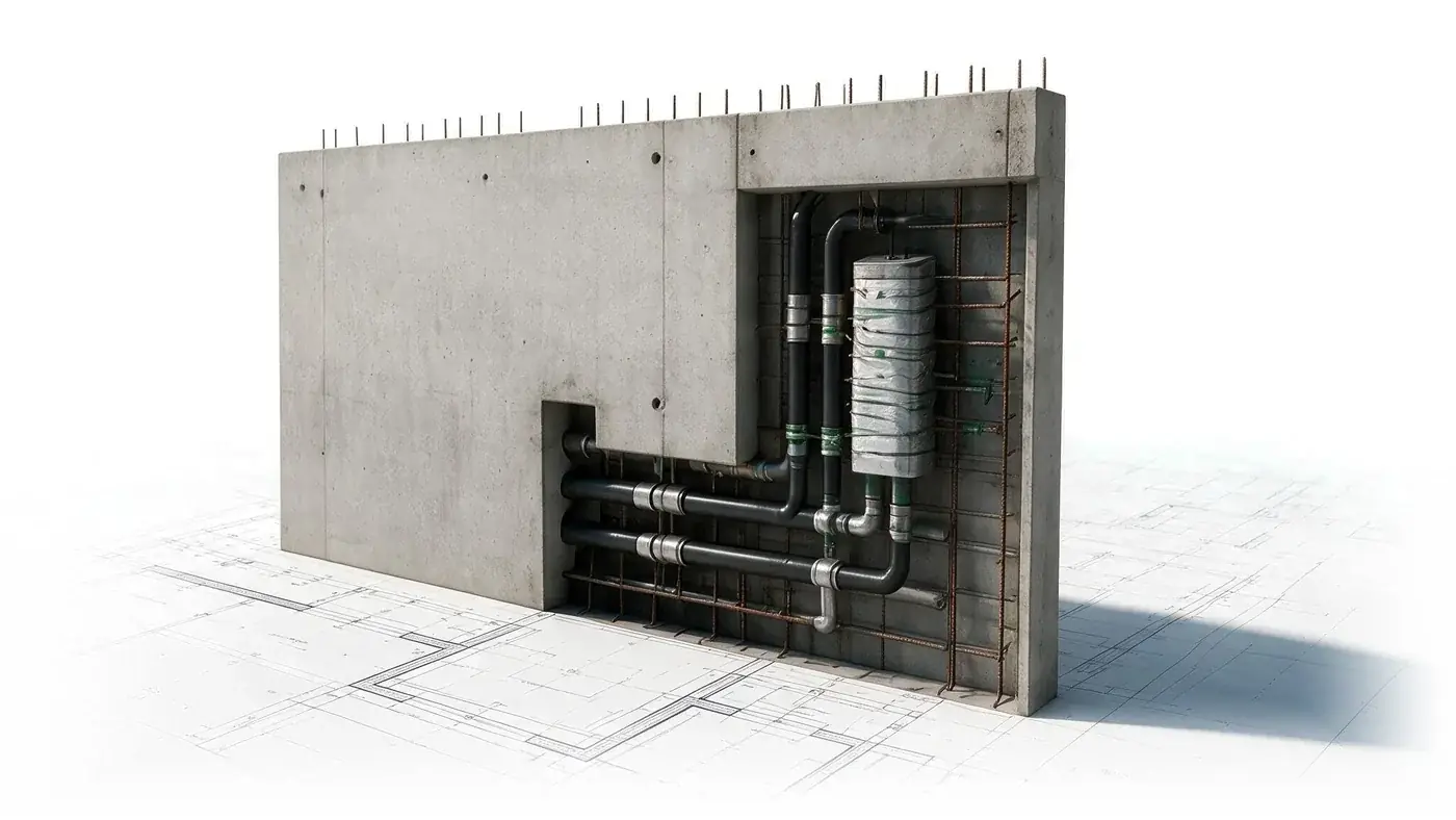 Vorfabriziertes Betonelement mit integrierten Elektro-Einlagen und Bewehrung auf Bauplänen