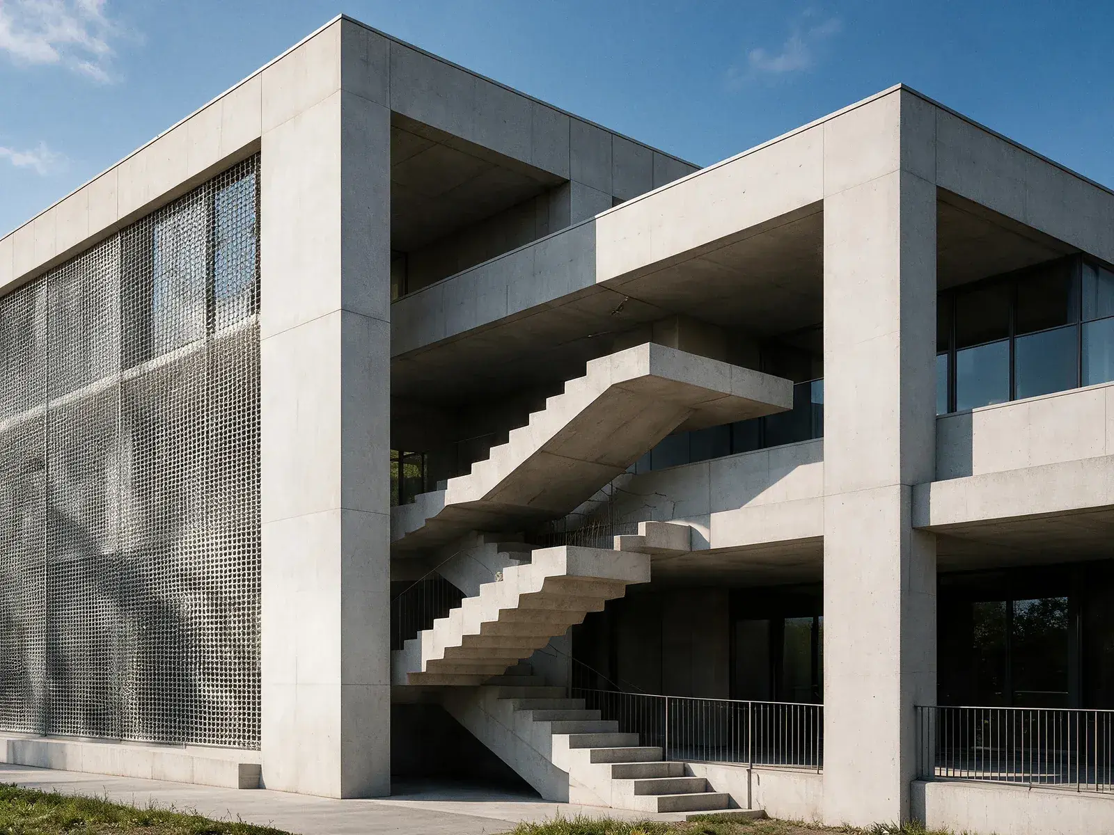 Helle vorfabrizierte Betonfassade mit aussenliegender Treppe