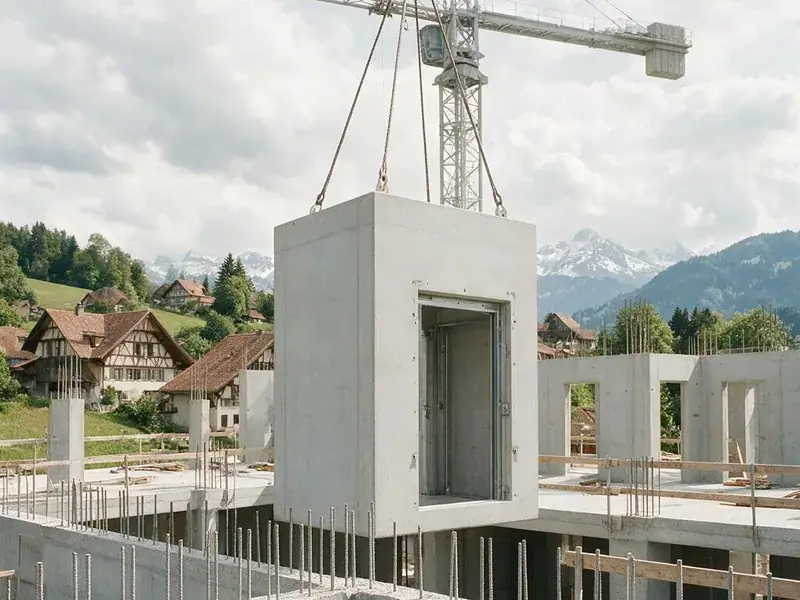 Vorfabrizierter Beton-Liftschacht wird per Kran auf dem Rohbau versetzt