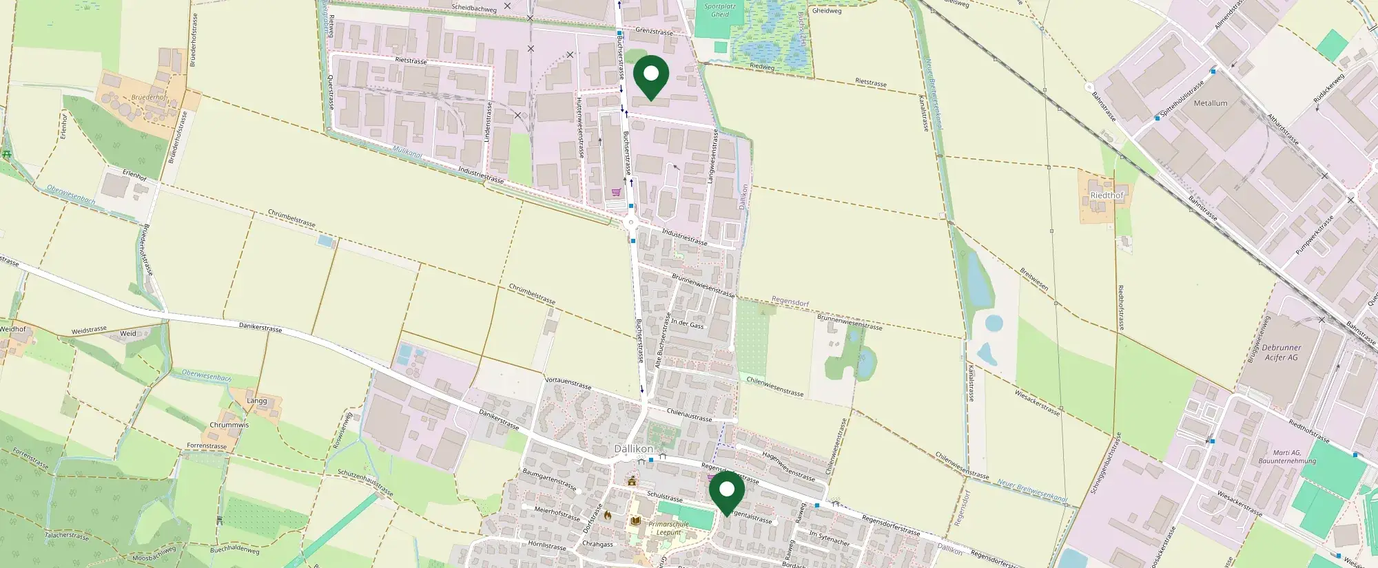 Karte von Dällikon mit den Standorten Morgentalstrasse 2 und Buchserstrasse 38